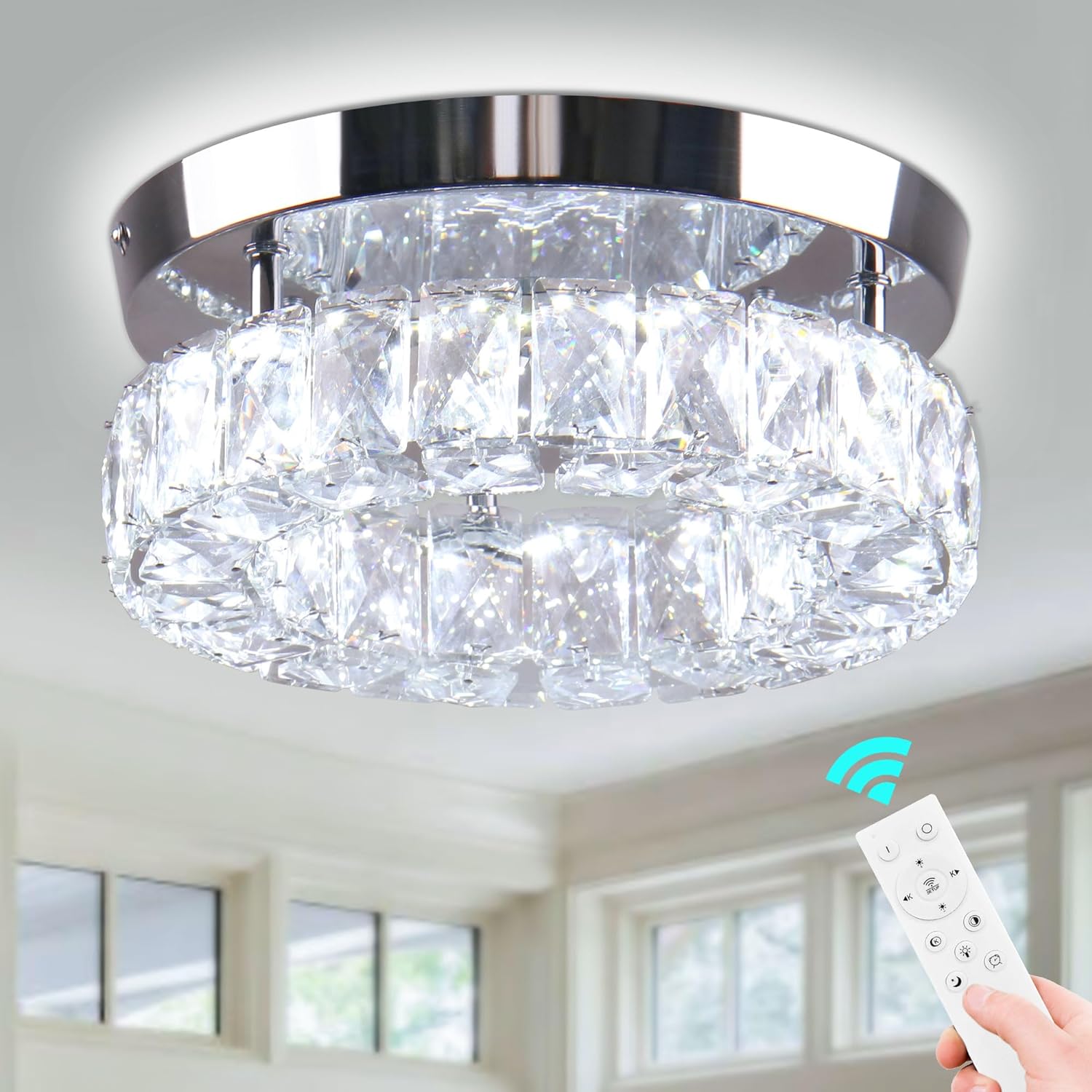 Dimmable Modern Crystal Chandeliers LED Ceiling Light with Remote Flush Mount Small Chandelier for Hallway Foyer Kitchen,Stair,Closet,3 Colors Adjustable, Memory Function