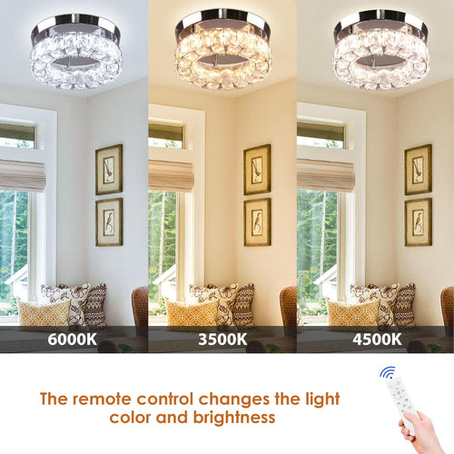 Dimmable Modern Crystal Chandeliers LED Ceiling Light with Remote Flush Mount Small Chandelier for Hallway Foyer Kitchen,Stair,Closet,3 Colors Adjustable, Memory Function