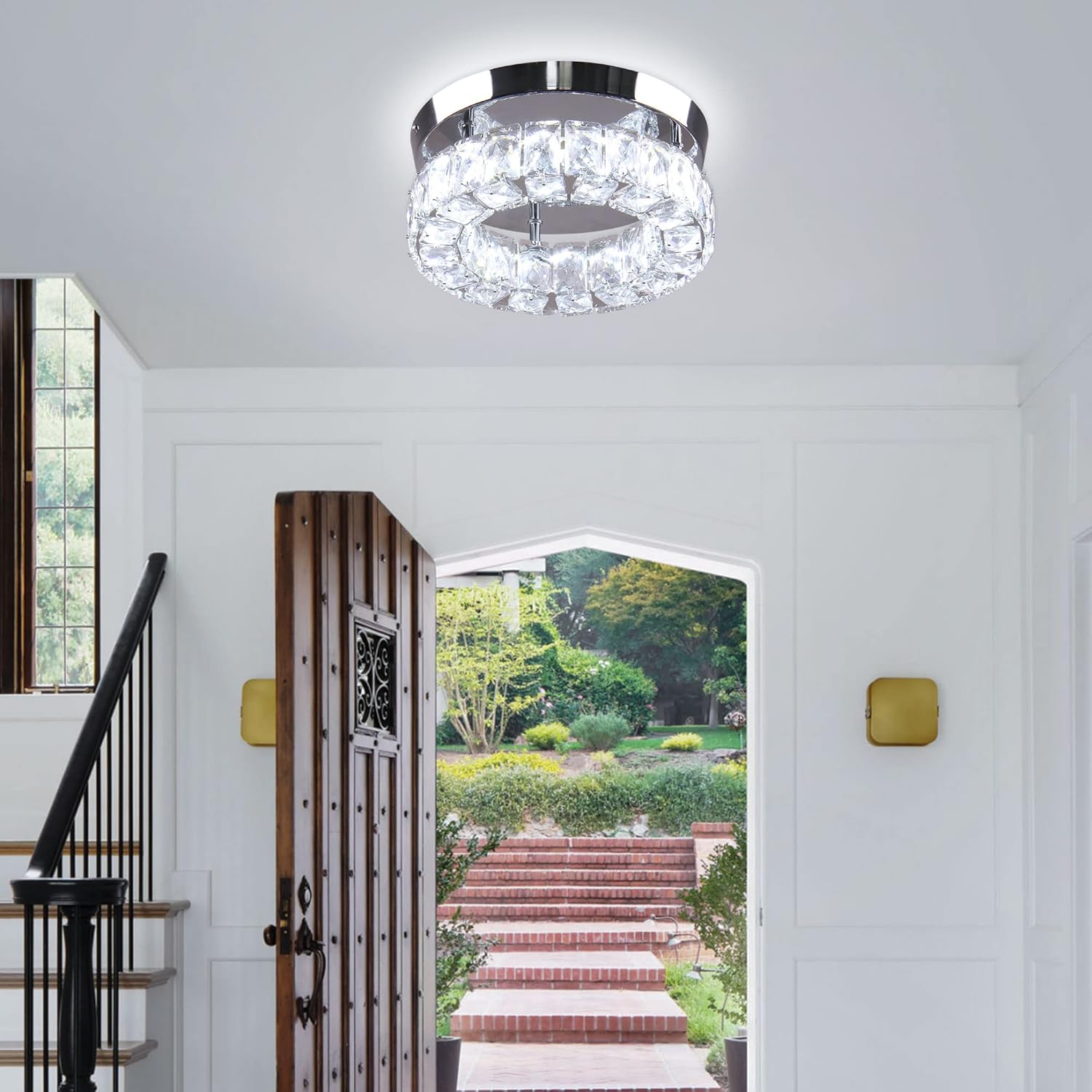 Dimmable Modern Crystal Chandeliers LED Ceiling Light with Remote Flush Mount Small Chandelier for Hallway Foyer Kitchen,Stair,Closet,3 Colors Adjustable, Memory Function