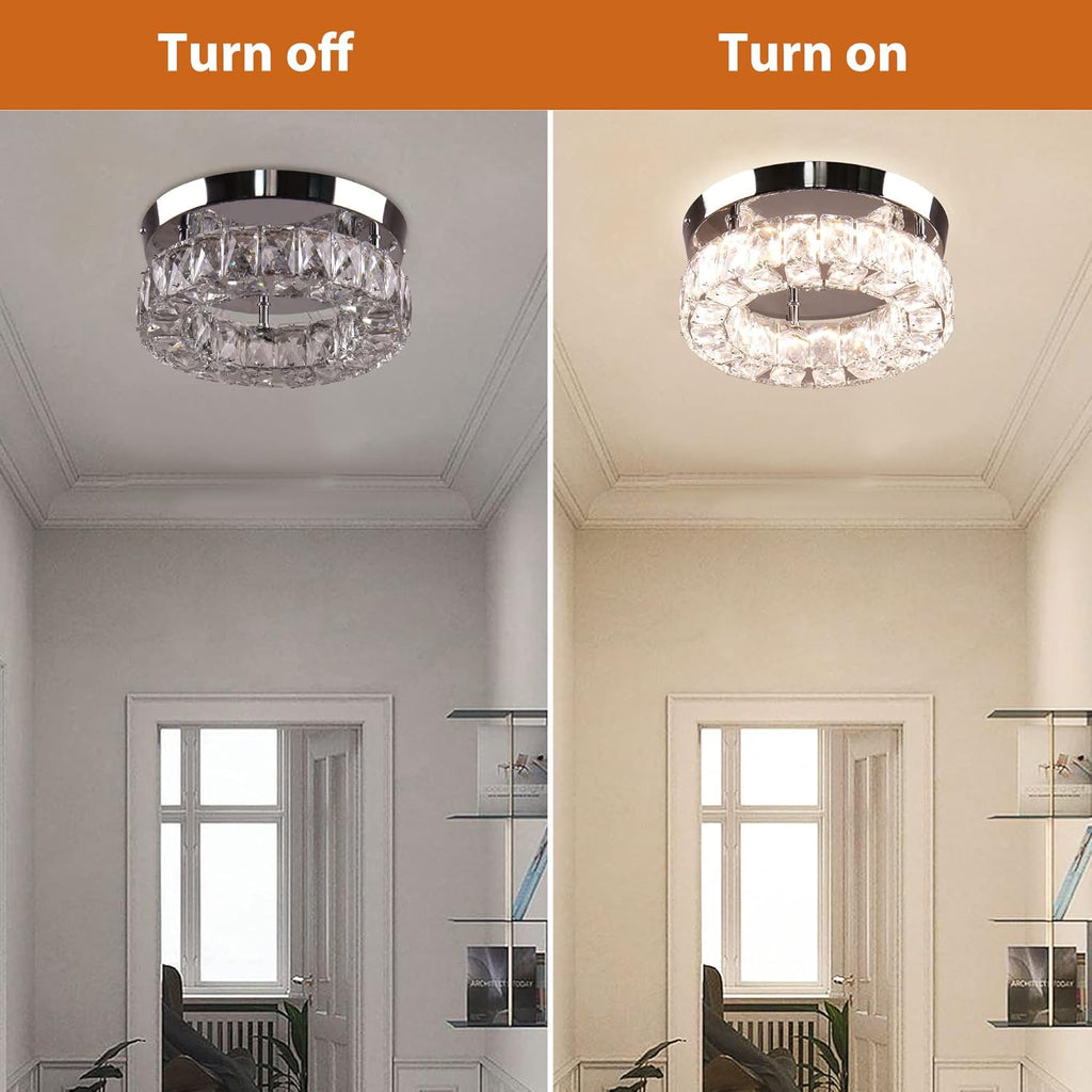 Dimmable Modern Crystal Chandeliers LED Ceiling Light with Remote Flush Mount Small Chandelier for Hallway Foyer Kitchen,Stair,Closet,3 Colors Adjustable, Memory Function
