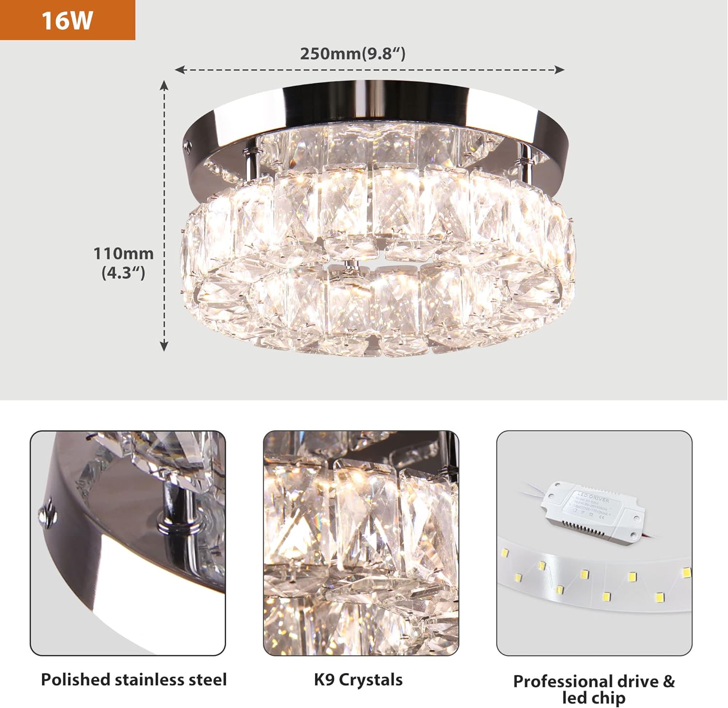 Dimmable Modern Crystal Chandeliers LED Ceiling Light with Remote Flush Mount Small Chandelier for Hallway Foyer Kitchen,Stair,Closet,3 Colors Adjustable, Memory Function
