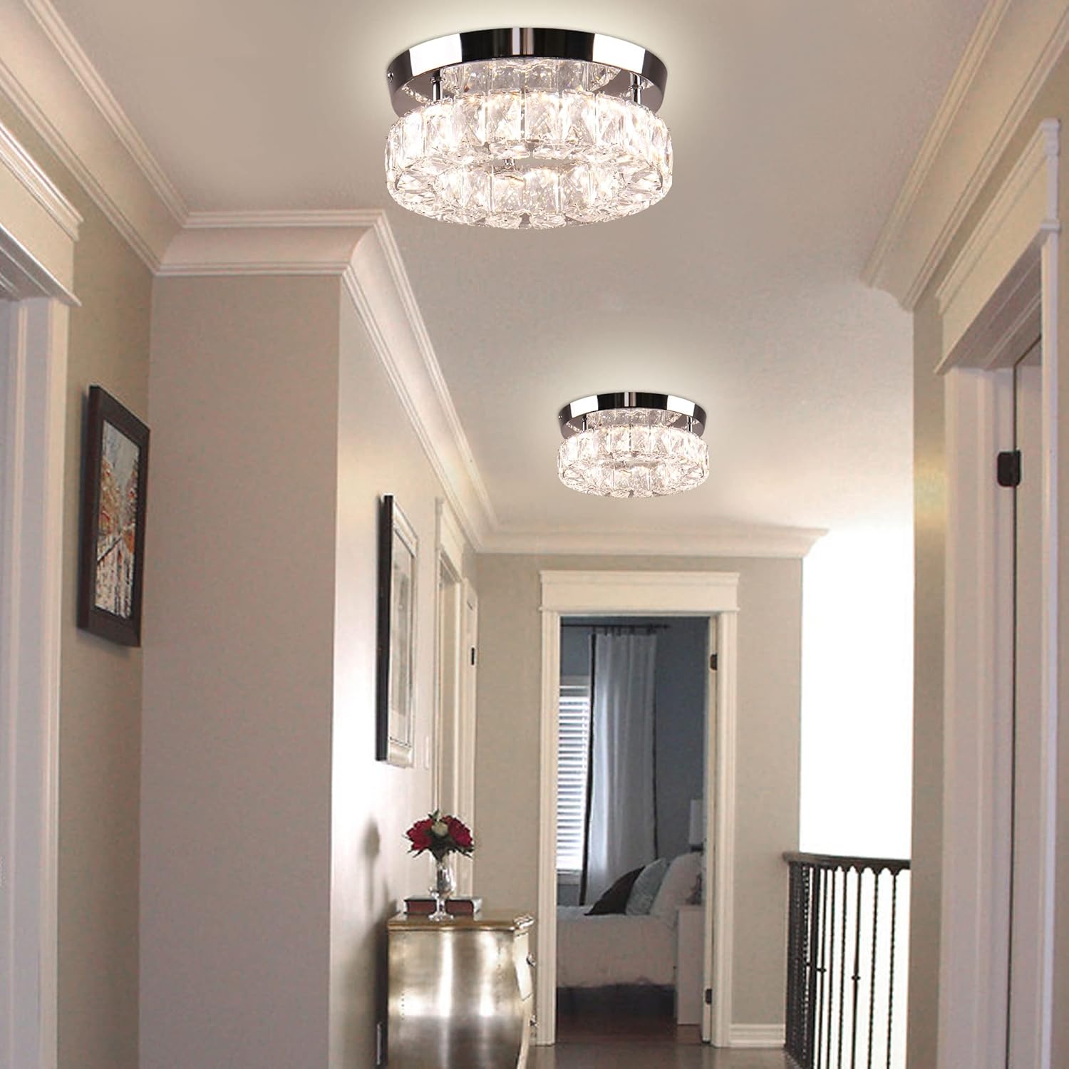 Dimmable Modern Crystal Chandeliers LED Ceiling Light with Remote Flush Mount Small Chandelier for Hallway Foyer Kitchen,Stair,Closet,3 Colors Adjustable, Memory Function
