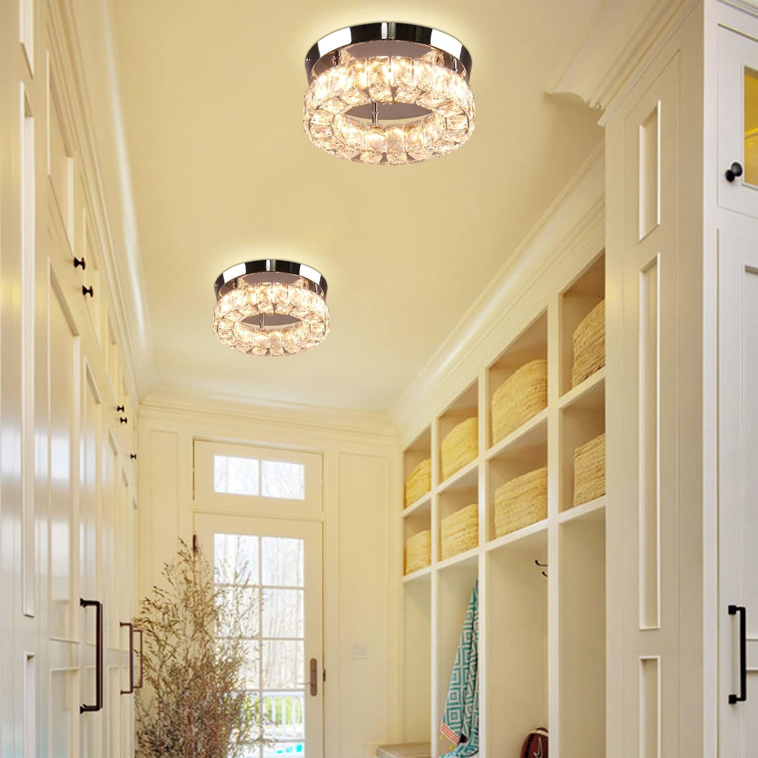 Dimmable Modern Crystal Chandeliers LED Ceiling Light with Remote Flush Mount Small Chandelier for Hallway Foyer Kitchen,Stair,Closet,3 Colors Adjustable, Memory Function