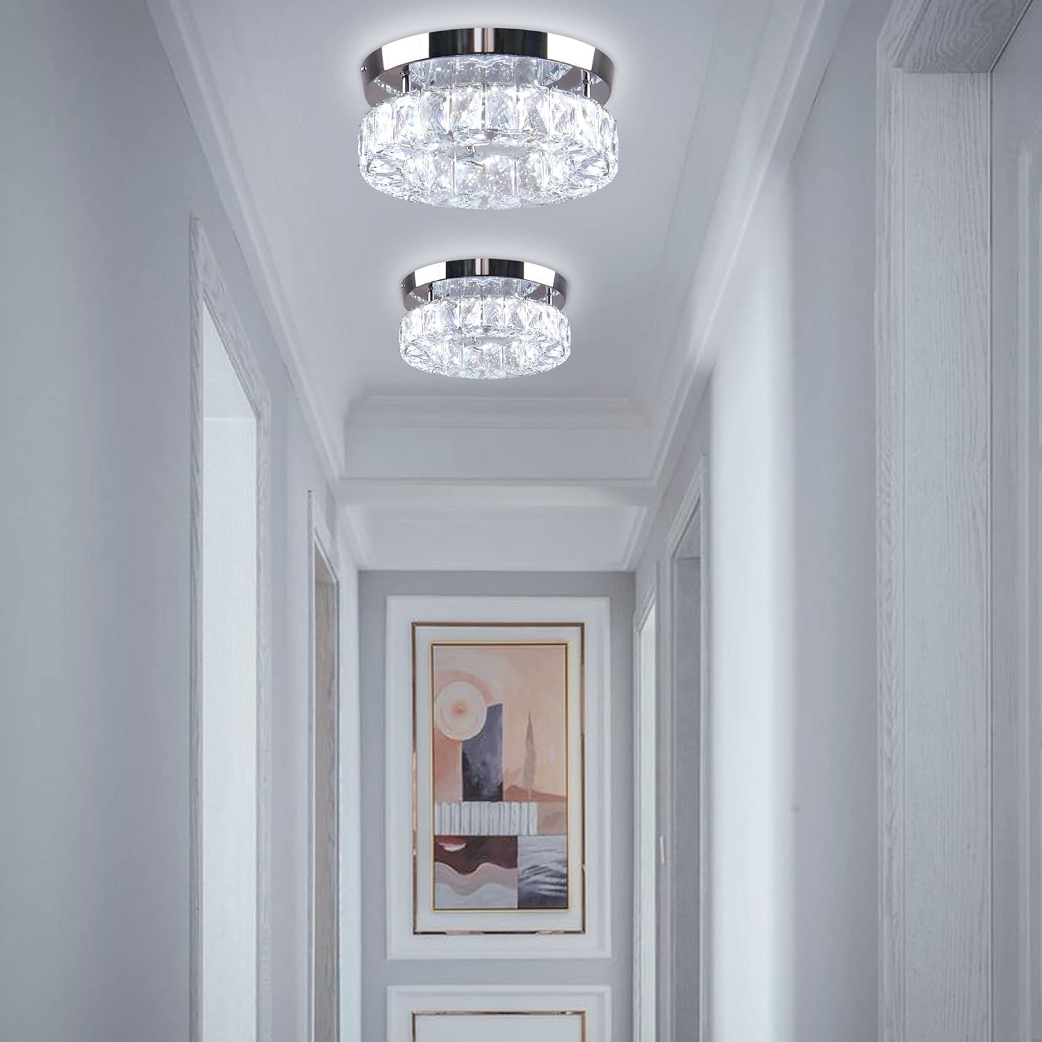 Dimmable Modern Crystal Chandeliers LED Ceiling Light with Remote Flush Mount Small Chandelier for Hallway Foyer Kitchen,Stair,Closet,3 Colors Adjustable, Memory Function